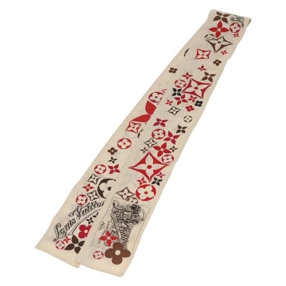 LOUIS VUITTON Bando Scarf Silk Beige LV Auth SW1504 - Picture 1 of 12